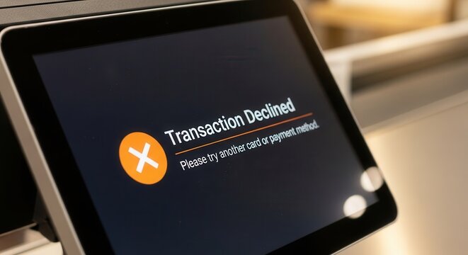 Modern POS terminal displaying transaction declined notification. Close up of payment failure screen. Concept of financial crisis, insufficient funds, and technical banking error.