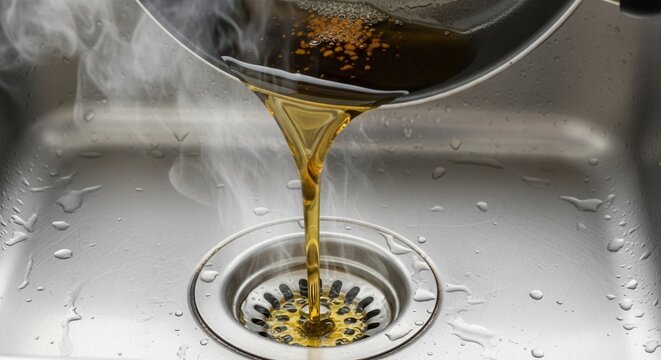 Close up of hot used oil being poured into sink drain. Concept of kitchen maintenance mistakes, clogged pipes and domestic plumbing issues. Environmental waste disposal problem.