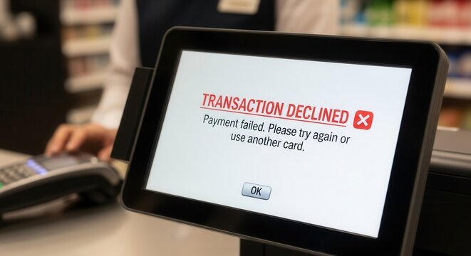 Cashier desk with transaction declined message on terminal monitor. Retail payment failure and credit card problem concept. Shopping experience with technical error or lack of funds.