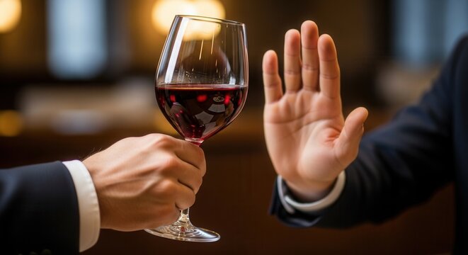 Businessman making stop gesture to glass of red wine. Concept of alcoholism prevention, professional discipline, and saying no to alcohol during dinner. Sobriety and healthy life choice.