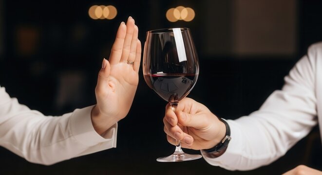 A woman politely refusing an offer of red wine at a social event or dinner. Concept of sobriety, healthy lifestyle, saying no to alcohol, and being a designated driver for safety and health.