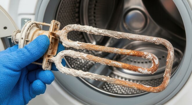 Close up of broken electric heater for washing machine covered with limescale. Repairman holding damaged spare part. Concept of hard water problems, appliance failure and maintenance.