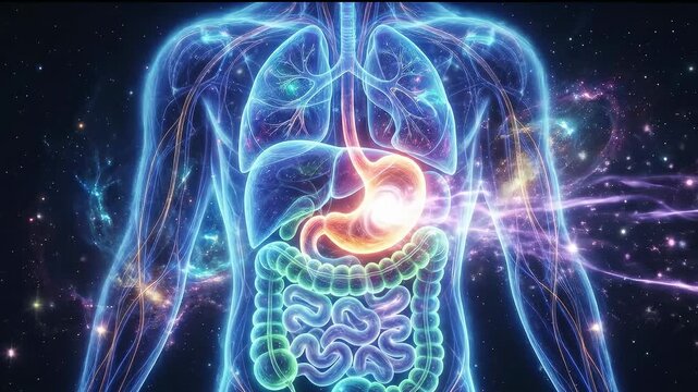 A human torso anatomy visualization shows the digestive system with the stomach and intestines highlighted. Concept of medical education and digestive health.