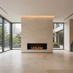 Naklejka premium Modern Living Room with Minimalist Fireplace and City Views for Interior Design Concepts