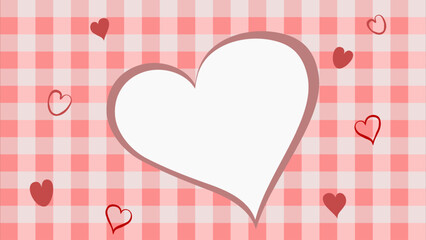Cute pink gingham background with hand drawn heart frame and scattered love icons. Romantic illustration design for Valentine&rsquo;s Day, wedding card, love message, and greeting template.