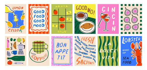 Obraz na płótnie Canvas Trendy food posters set. Modern doodle placard designs with coffee for breakfast, Italian cuisine, seafood, pasta, wine. Eating and drinking, kitchen and restaurant cards. Flat vector illustrations