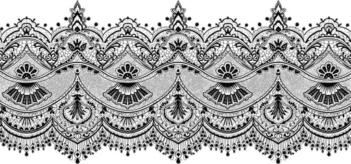 Ornamental lace border pattern, black and white ethnic floral design, vintage decorative trim, seamless horizontal background, vector illustration, luxury textile