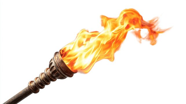 Lit wooden torch with bright flames on white background.