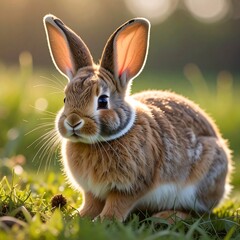 Fototapeta premium Adorable, fluffy rabbit bathed in warm sunlight, sitting in the grass