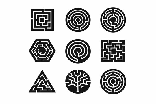 Collection of diverse geometric maze designs in black and white