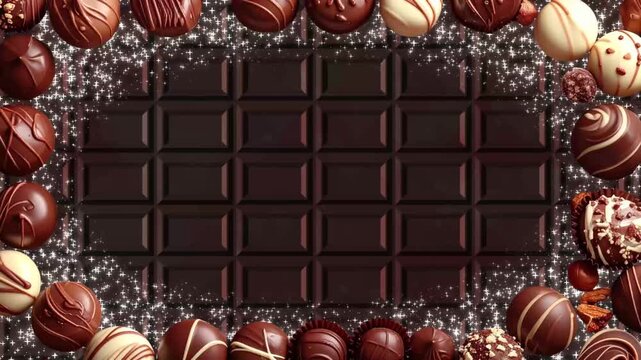 高級感のあるプラリネチョコレートのキラキラフレーム映像：バレンタイン広告向けチョコレートフレーム背景