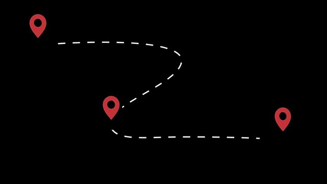 Three location pins connected by a dashed line animated. Transparent background. 4K resolution