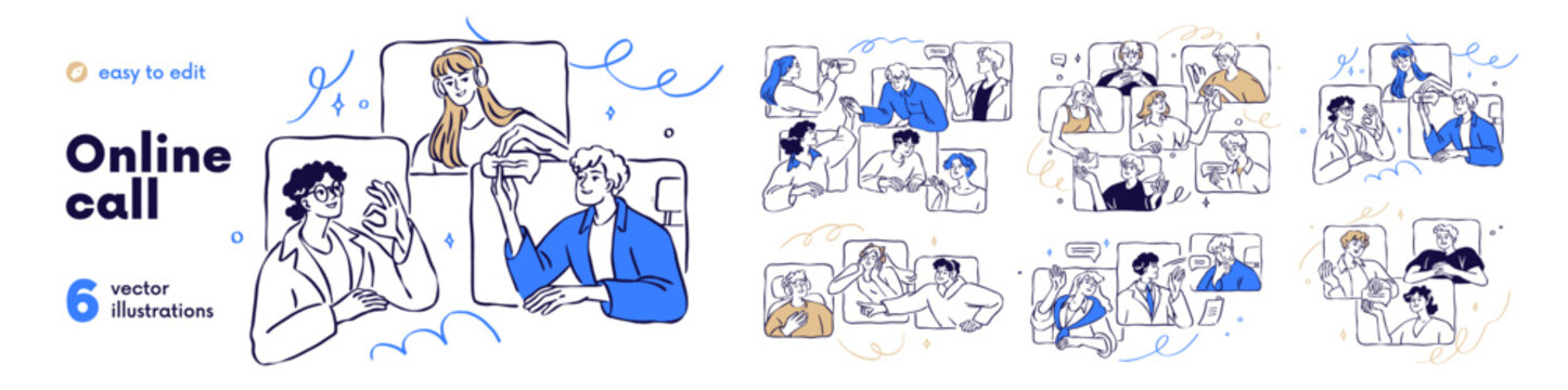 Online video calls set. Concept of virtual communication. Business teams or friends groups during digital conference meeting, remote gathering. Flat vector illustration isolated on white background