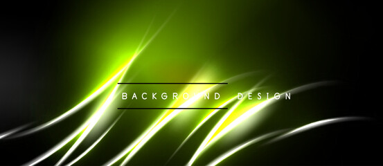Naklejka premium Abstract neon lines, vibrant green glow, dark background. Modern design element for digital projects, presentations. Smooth curves create dynamic visual effect.