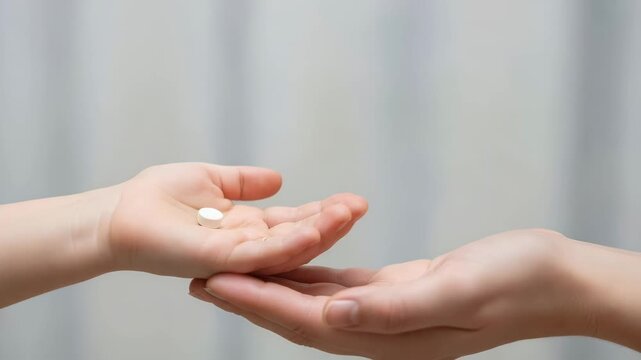 Adult hand placing white pill into child palm for medicine dose with gentle care concept