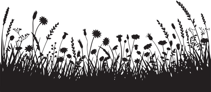 Horizontal meadow silhouette with various tall wild plants and field grasses vector illustration for designers