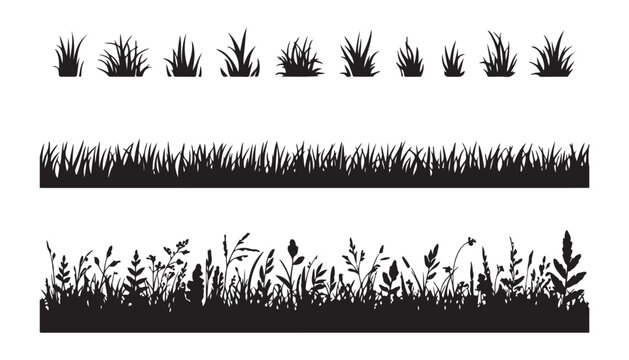 Grass borders and clumps silhouette vector set isolated on white background natural meadow design elements