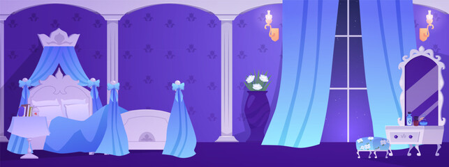 Naklejka premium A princess's bedroom interior in blue tones, with a window, burning candles, a bed, and a mirror.