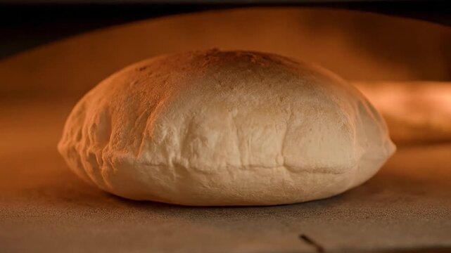 Freshly baked pita bread puffing up inside a hot oven.