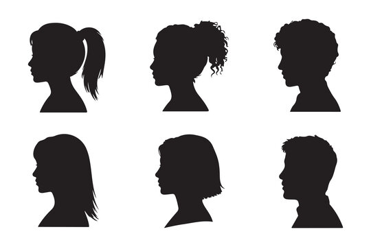 Set of diverse silhouettes representing different hairstyles and genders, isolated on white