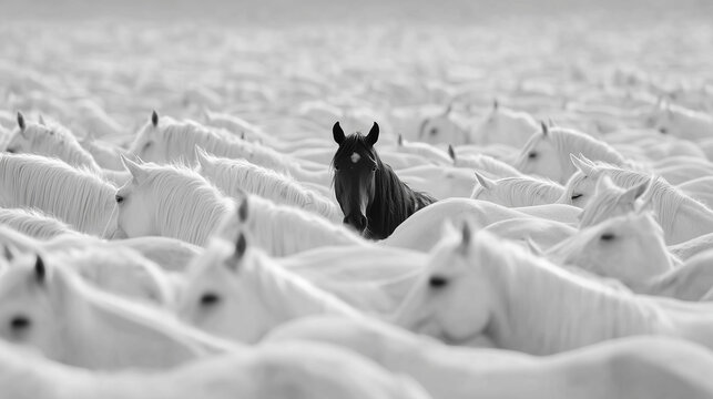 Lone black horse standing in a vast herd of white horses captured in black and white symbolizing uniqueness and individuality ideal for concept art and editorials
