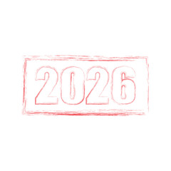 Stylized red 2026 year illustration within a distressed grunge stamp border, perfect for marking future dates, calendar designs, upcoming event announcements, and new year celebrations
