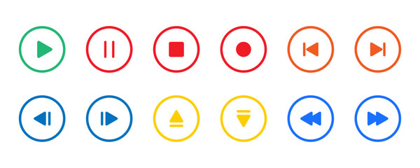 Comprehensive set of colorful media player control icons, including play, pause, stop, record, and navigation symbols within outlined circular buttons for digital interfaces.