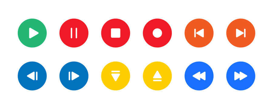 Comprehensive set of colorful media player control icons, including play, pause, stop, record, and navigation symbols within solid circular buttons for digital interfaces.