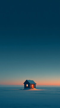 Tiny cabin with glowing windows in vast snowy landscape at sunset under clear sky perfect for solitude visuals, minimal winter designs and stories of isolation
