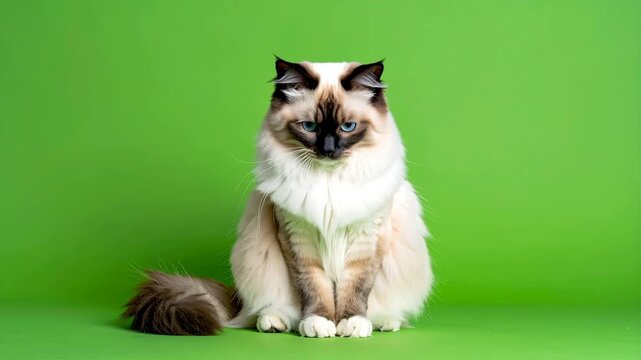 Ragdoll Cat Sitting, Green Screen Background Stock Video Footage