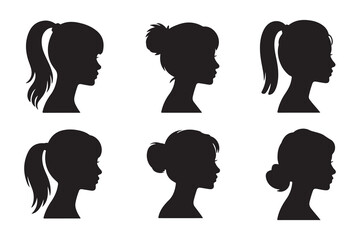 Collection of six girl head silhouettes with various updos and ponytails looking left on white