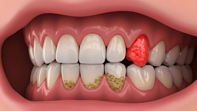 Close-up of human teeth showing dental inflammation and decay.