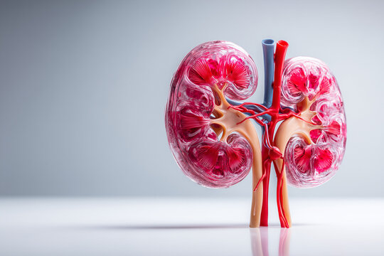 Anatomical model of human kidneys with arteries and veins on neutral background perfect for educational materials, nephrology and medical visuals
