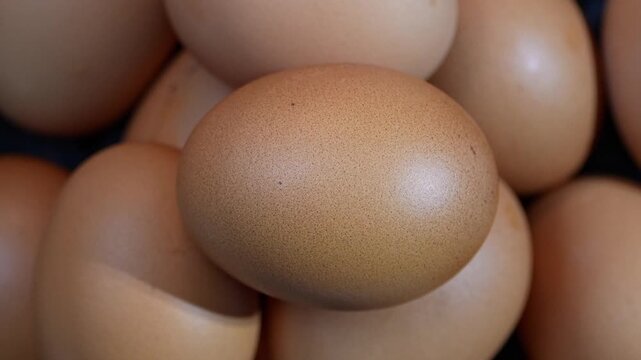 Spinning pile of raw chicken eggs with smooth shell texture