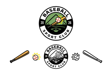 Baseball sport with stadium, bat and ball retro badge logo design set for athletic club. Baseball team with sport arena, club and ball hit vintage patch symbol element pack for league and tournament © salzcreative