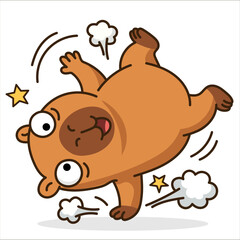 Funny cartoon capybara breakdancing on one hand, cute animal character in dynamic acrobatic pose with stars and motion lines, energetic vector illustration for dance and street culture.