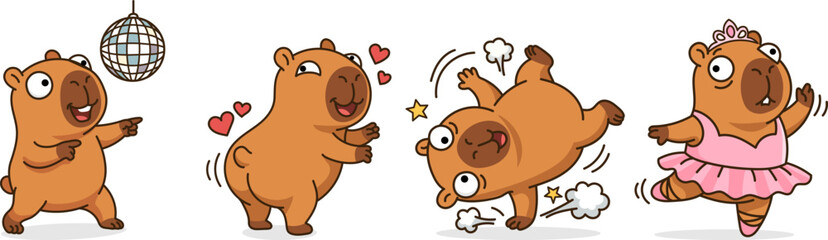 Funny capybara character set featuring disco dancer, romantic lover with hearts, breakdancer, and ballerina in pink tutu, cute cartoon animal mascot collection for stickers and design.