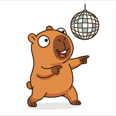 Funny cartoon capybara dancing under a shiny disco ball, cute animal character in a party pose, cheerful vector illustration for celebration and nightlife designs isolated on white.