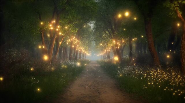 Magical forest path with twinkling lights and fireflies