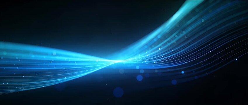 Abstract blue light wave fiber optic technology background with glowing energy line, particle bokeh and motion blur over dark space, futuristic digital data network flow wallpaper for video design