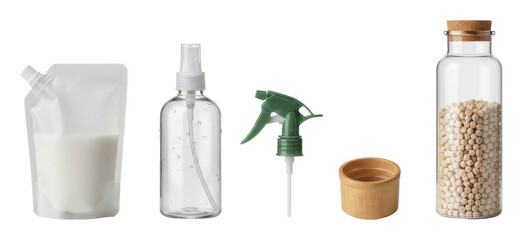 Indoor close-up photography of eco-friendly kitchen cleaning products isolated on transparent background