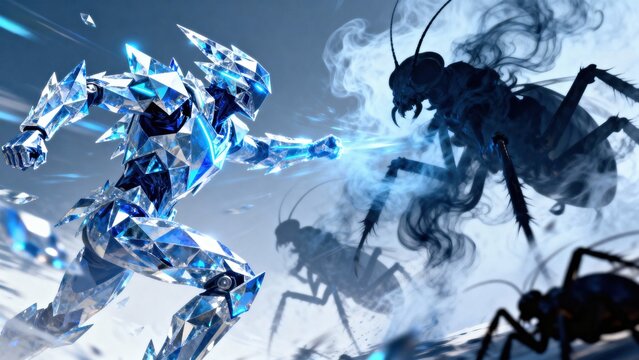 Crystal robot battling giant insect