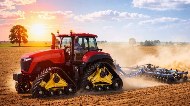 Massive modern crawler tractor tilling the soil with disc harrow.
