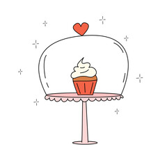 cute hand drawn cartoon cupcake in a glass and pink porcelain splashback with red heart funny romantic vector illustration for valentine&rsquo;s day holiday isolated on white background