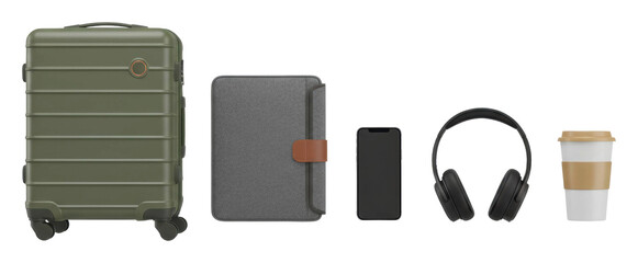 Travel essentials luggage electronics and coffee on the go isolated on transparent background