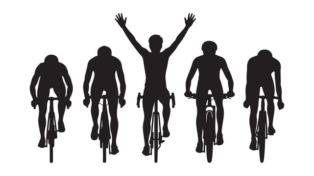 Champion bicycle racer silhouette celebrating victory with arms raised front view of group on white background
