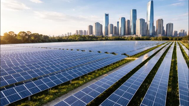 Solar cell panels with city skyline.