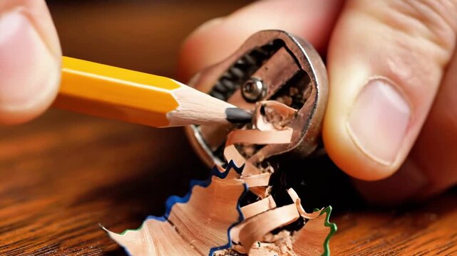 A person's hand holds a pencil in a pencil sharpener