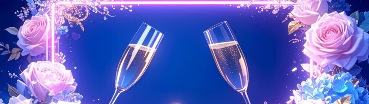 Champagne flutes clinking against neon floral frame.