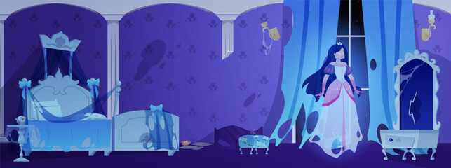 Naklejka premium Scary abandoned and damaged princess room with ghost of the princess, vector dark medieval castle with queen phantom